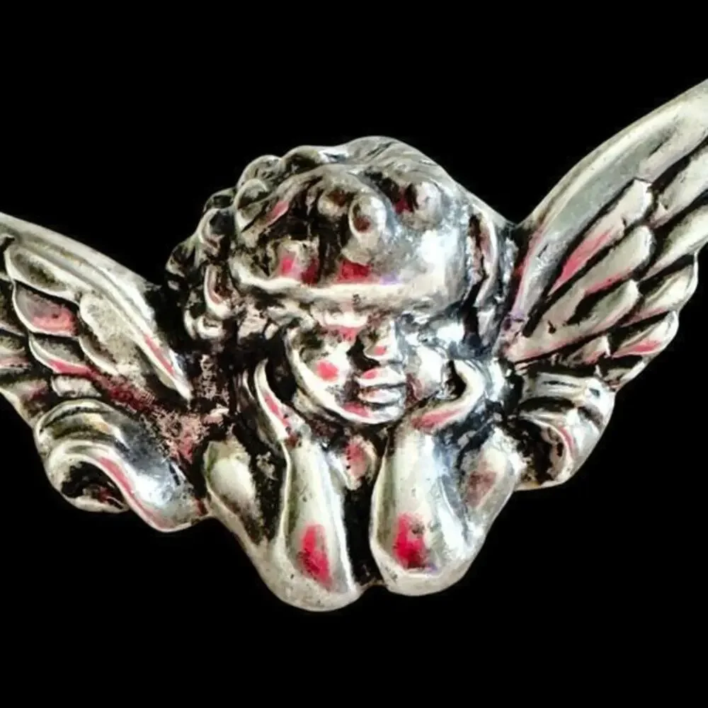 Shiny Polished Sliver Metal Cherub Seraphim Angel Pin Brooch Vintage 1970’s